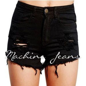 High waisted black distressed jean short